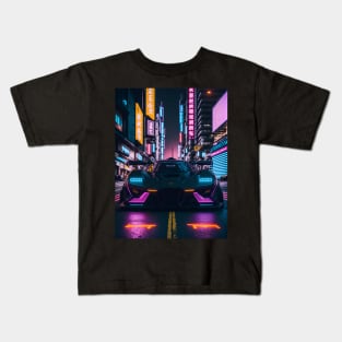 Dark Neon Sports Car in Japanese Neon City Kids T-Shirt